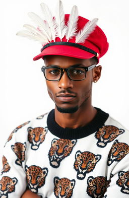 A stylish man wearing a red cap adorned with seven white feathers, showcasing a confident expression