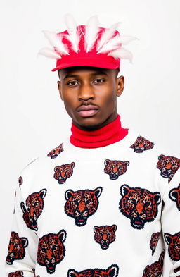 A stylish man wearing a red cap adorned with seven white feathers, showcasing a confident expression