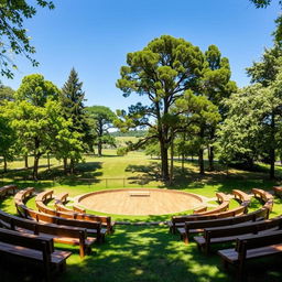 An open-air amphitheater designed for approximately 50 people, featuring a simple semi-circular layout