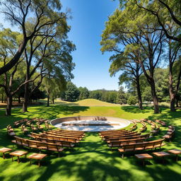 An open-air amphitheater designed for approximately 50 people, featuring a simple semi-circular layout
