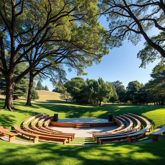 An open-air amphitheater designed for approximately 50 people, featuring a simple semi-circular layout