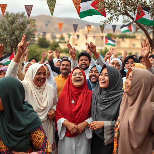 A vibrant celebration scene in Palestine, showcasing Muslims from diverse backgrounds coming together in joy
