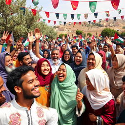 A vibrant celebration scene in Palestine, showcasing Muslims from diverse backgrounds coming together in joy