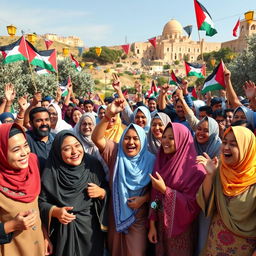 A vibrant celebration scene in Palestine, showcasing Muslims from diverse backgrounds coming together in joy