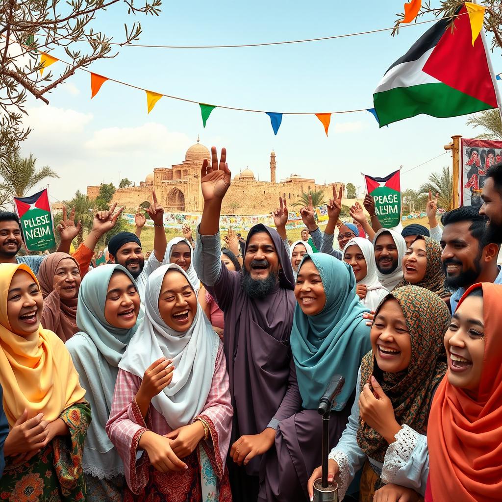 A vibrant celebration scene in Palestine, showcasing Muslims from diverse backgrounds coming together in joy