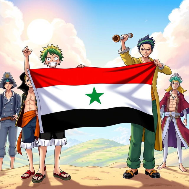 An engaging illustration depicting characters from One Piece proudly displaying the Syrian Independence flag, which features the horizontal stripes of red, white, and black, along with the green star in the middle