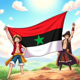 An engaging illustration depicting characters from One Piece proudly displaying the Syrian Independence flag, which features the horizontal stripes of red, white, and black, along with the green star in the middle