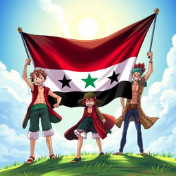 An engaging illustration depicting characters from One Piece proudly displaying the Syrian Independence flag, which features the horizontal stripes of red, white, and black, along with the green star in the middle