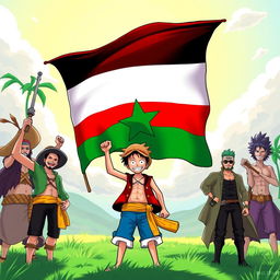 An engaging illustration depicting characters from One Piece proudly displaying the Syrian Independence flag, which features the horizontal stripes of red, white, and black, along with the green star in the middle