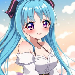 An anime girl with long, flowing blue hair and big expressive eyes, portrayed in a stylized, colorful anime aesthetic