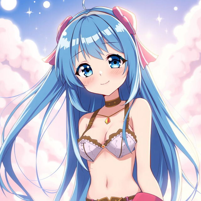 An anime girl with long, flowing blue hair and big expressive eyes, portrayed in a stylized, colorful anime aesthetic