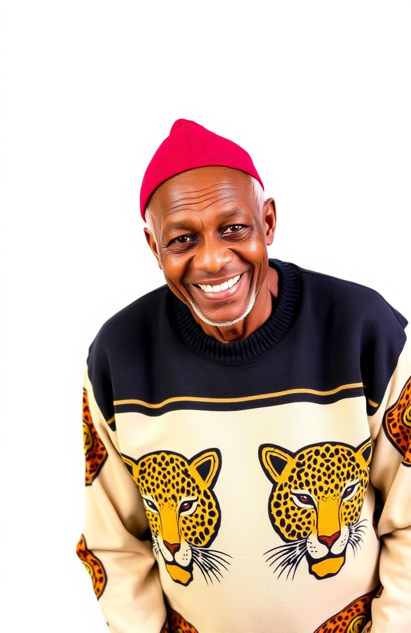 An elderly man with a warm, friendly expression, wearing a traditional Igbo red cap