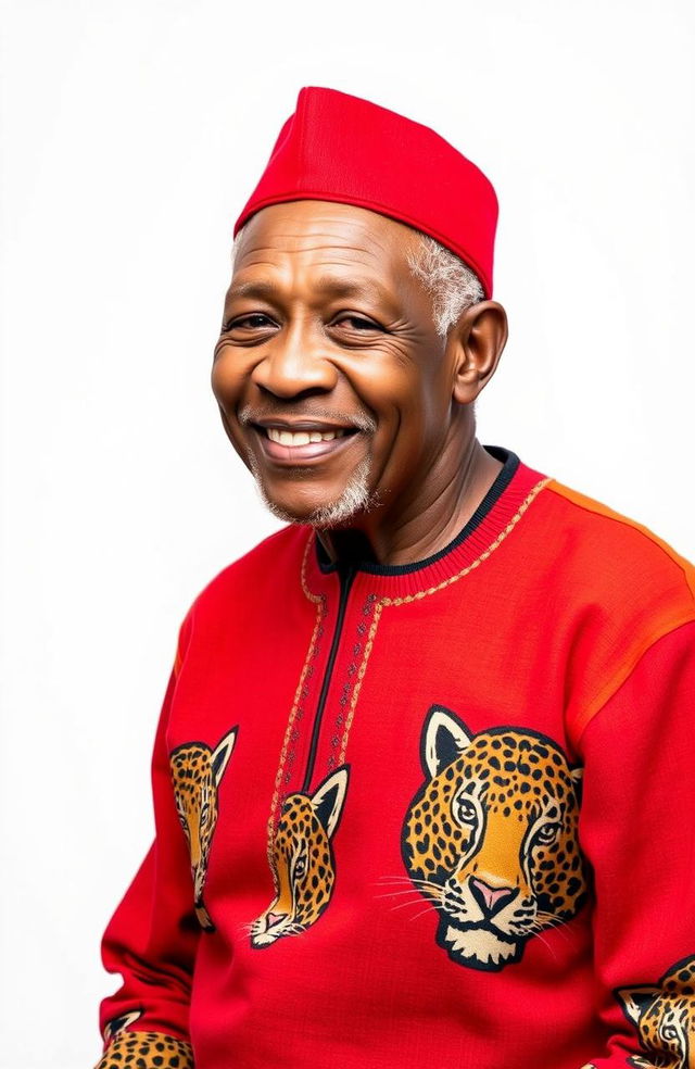 An elderly man with a warm, friendly expression, wearing a traditional Igbo red cap