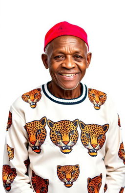 An elderly man with a warm, friendly expression, wearing a traditional Igbo red cap
