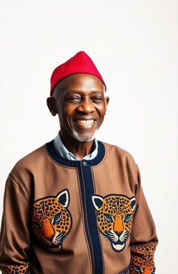 An elderly man with a warm, friendly expression, wearing a traditional Igbo red cap
