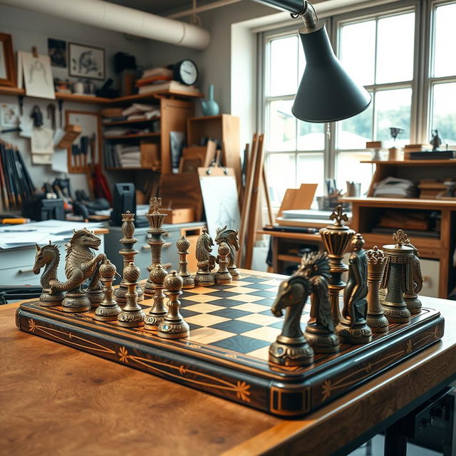 A unique chess designer creating an elaborate and intricate chess set featuring ornate pieces and a beautifully crafted board