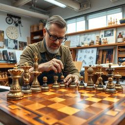 A unique chess designer creating an elaborate and intricate chess set featuring ornate pieces and a beautifully crafted board