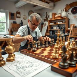 A unique chess designer creating an elaborate and intricate chess set featuring ornate pieces and a beautifully crafted board