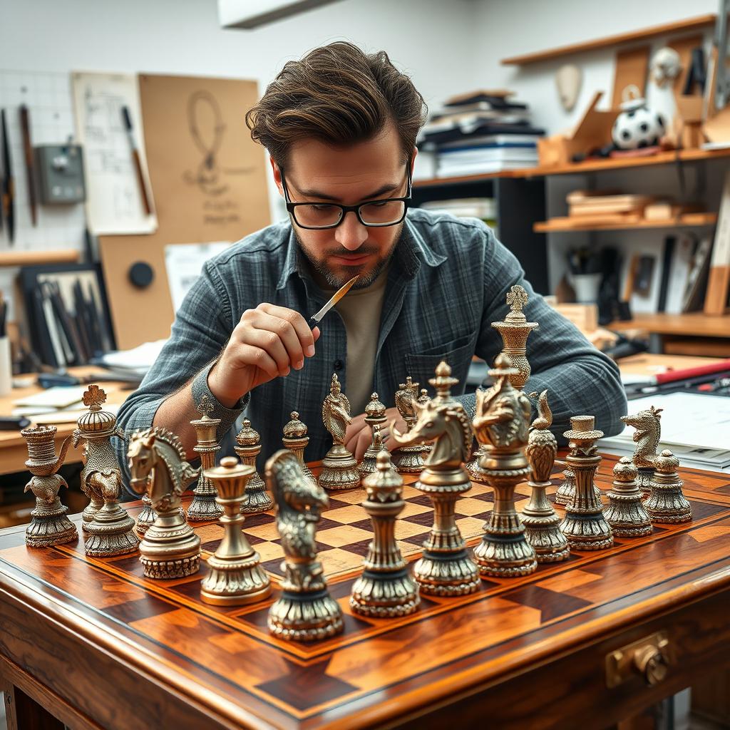 A unique chess designer creating an elaborate and intricate chess set featuring ornate pieces and a beautifully crafted board