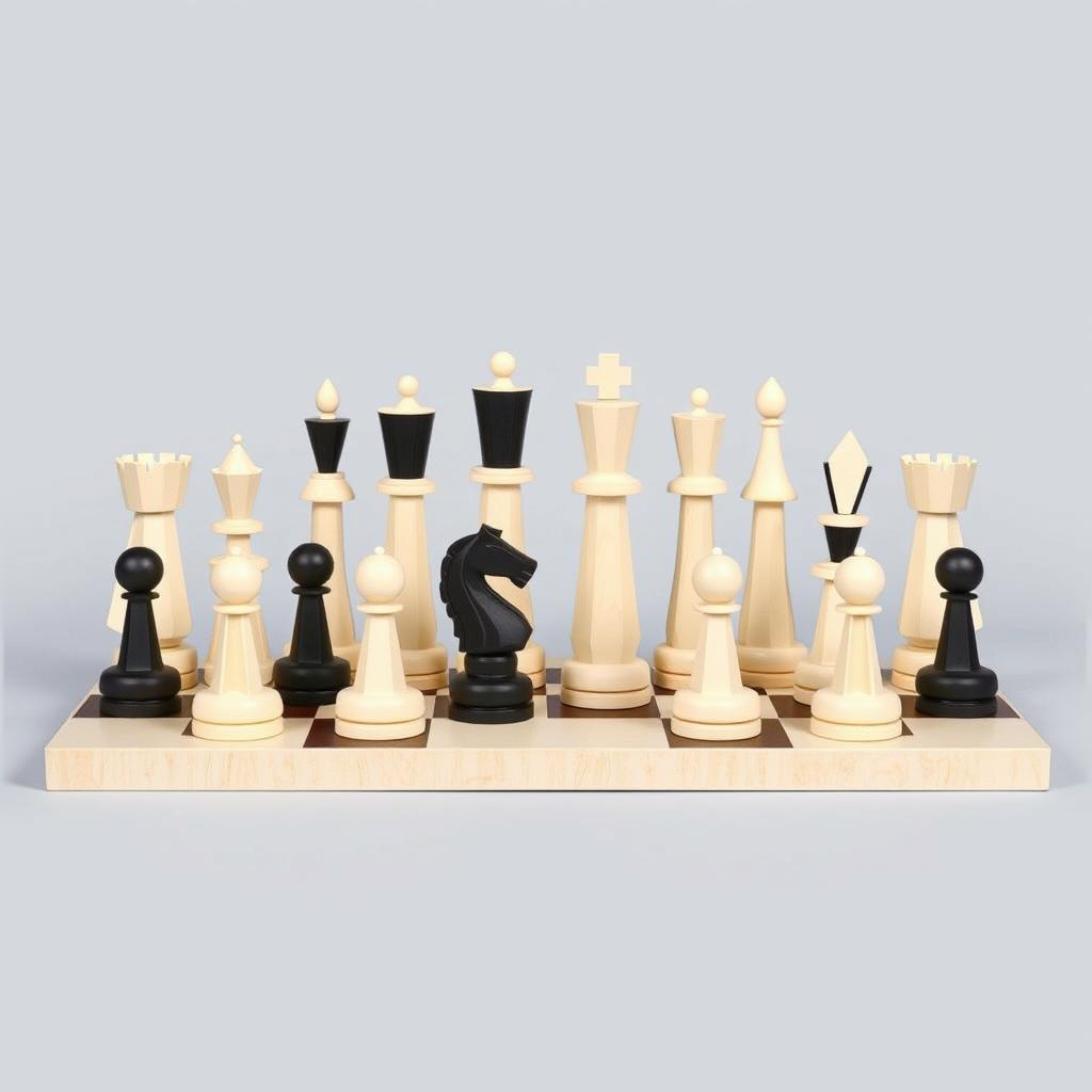 A unique designer chess set featuring a minimalistic and simple design that is visually striking and easy to construct
