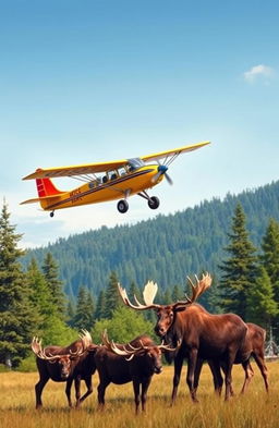 A vintage beaver plane soaring gracefully above a picturesque landscape, with a group of majestic moose grazing peacefully below