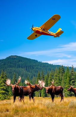 A vintage beaver plane soaring gracefully above a picturesque landscape, with a group of majestic moose grazing peacefully below