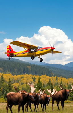 A vintage beaver plane soaring gracefully above a picturesque landscape, with a group of majestic moose grazing peacefully below