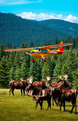 A vintage beaver plane soaring gracefully above a picturesque landscape, with a group of majestic moose grazing peacefully below