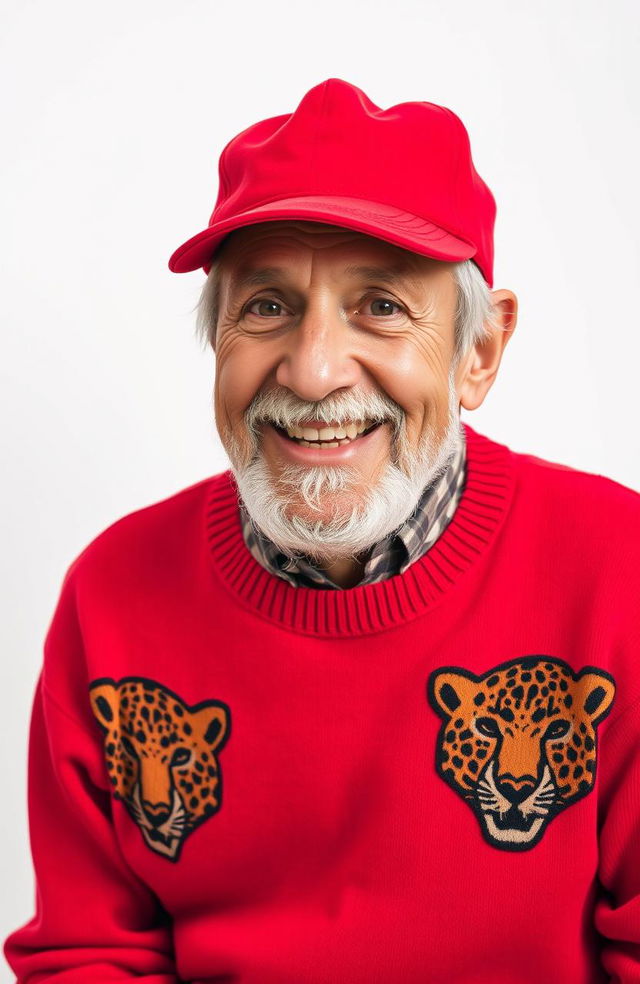 An elderly man wearing a bright red cap and a cozy red jumper adorned with leopard head designs