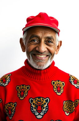 An elderly man wearing a bright red cap and a cozy red jumper adorned with leopard head designs