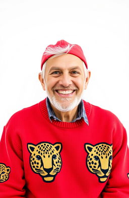 An elderly man wearing a bright red cap and a cozy red jumper adorned with leopard head designs