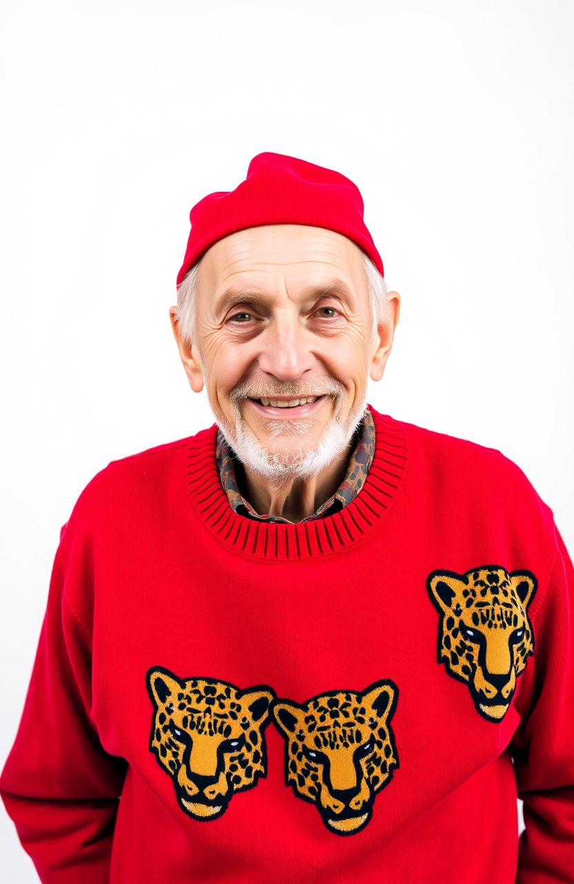 An elderly man wearing a bright red cap and a cozy red jumper adorned with leopard head designs