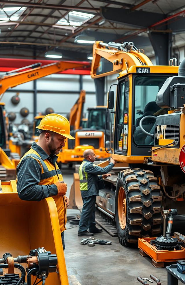 A beautifully detailed scene depicting a heavy machinery maintenance workshop