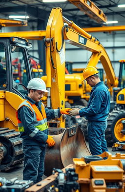 A beautifully detailed scene depicting a heavy machinery maintenance workshop