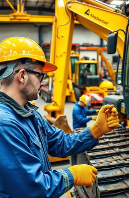 A beautifully detailed scene depicting a heavy machinery maintenance workshop