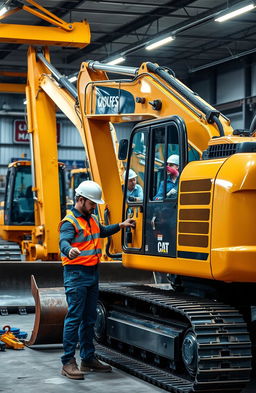 A beautifully detailed scene depicting a heavy machinery maintenance workshop