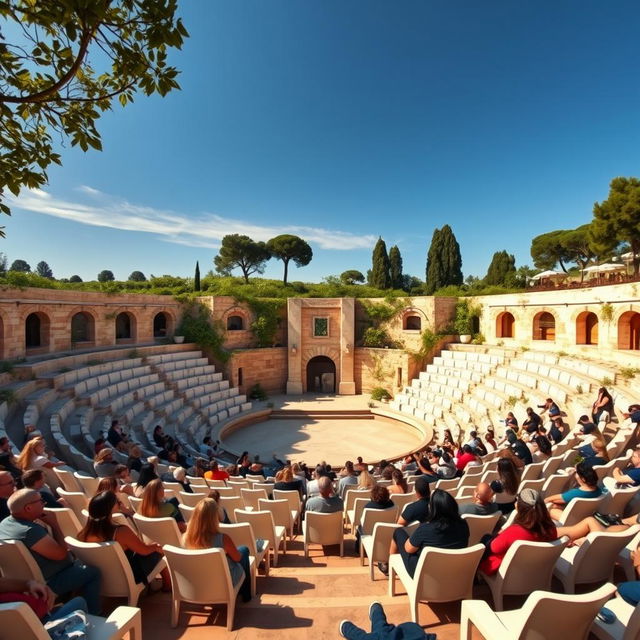 A stunning semicircular amphitheater reminiscent of ancient designs, featuring a small, simple stage at its center