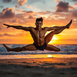 A striking image of a flexible athlete performing an impressive front split on a picturesque beach at sunrise