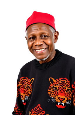 A black elderly man wearing an Igbo traditional red cap and a jumper featuring intricate leopard head designs