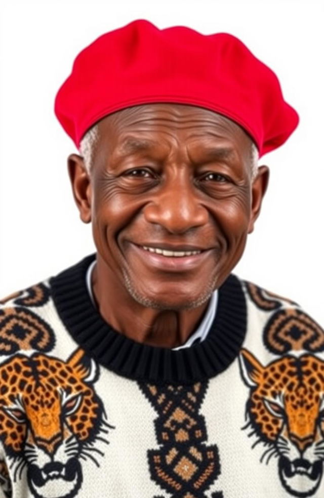 A black elderly man wearing an Igbo traditional red cap and a jumper featuring intricate leopard head designs