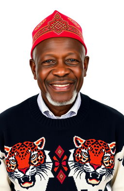 A black elderly man wearing an Igbo traditional red cap and a jumper featuring intricate leopard head designs