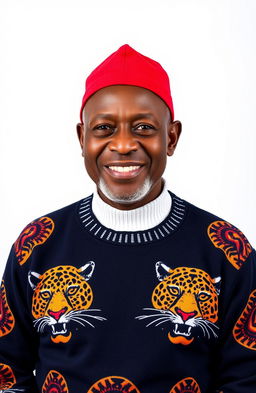 A black elderly man wearing an Igbo traditional red cap and a jumper featuring intricate leopard head designs