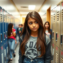 A teenage girl with tan skin and long brown hair, rolling her eyes in a high school hallway