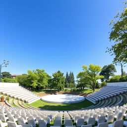 A semicircular amphitheater featuring a small and simple stage at the center, surrounded by neatly arranged chairs made of white concrete
