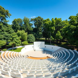 A semicircular amphitheater featuring a small and simple stage at the center, surrounded by neatly arranged chairs made of white concrete