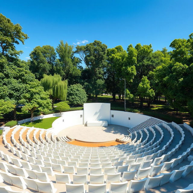 A semicircular amphitheater featuring a small and simple stage at the center, surrounded by neatly arranged chairs made of white concrete