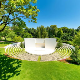 A semicircular amphitheater featuring a small and simple stage at the center, surrounded by neatly arranged chairs made of white concrete