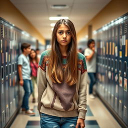 A teenage girl with tan skin and long brown hair, rolling her eyes with an exasperated expression in a bustling high school hallway