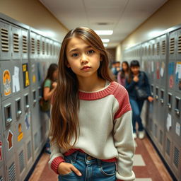 A teenage girl with tan skin and long brown hair, rolling her eyes with an exasperated expression in a bustling high school hallway