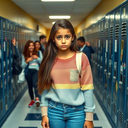 A teenage girl with tan skin and long brown hair, rolling her eyes with an exasperated expression in a bustling high school hallway